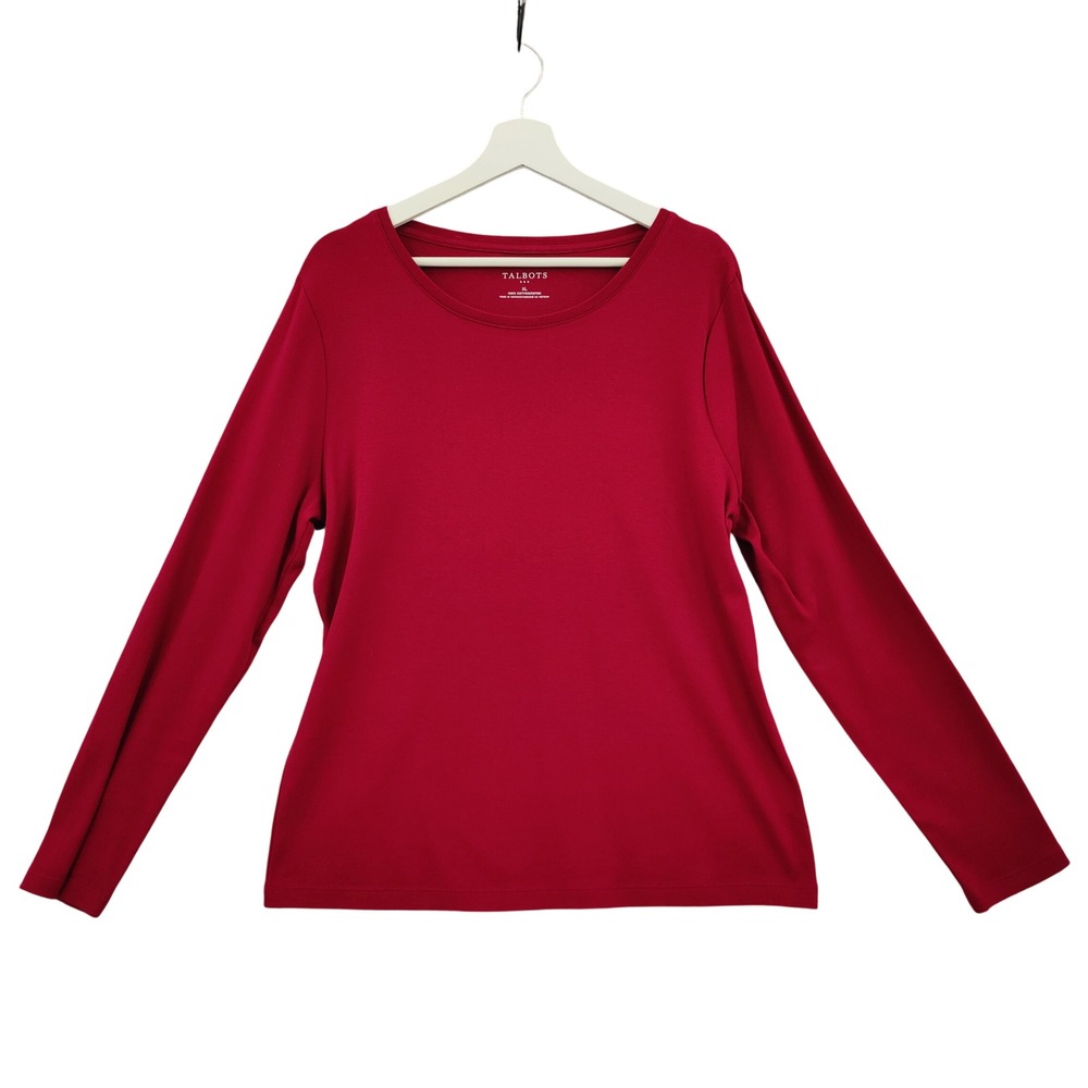 Talbots Women Classic Preppy Long Sleeve Tee XL Burgundy Solid Cotton Top Shirt